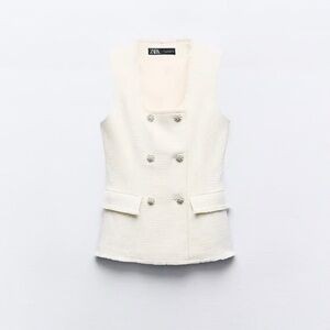 Zara Cream Tweed Blazer Vest with silver Buttons size M, NWOT
